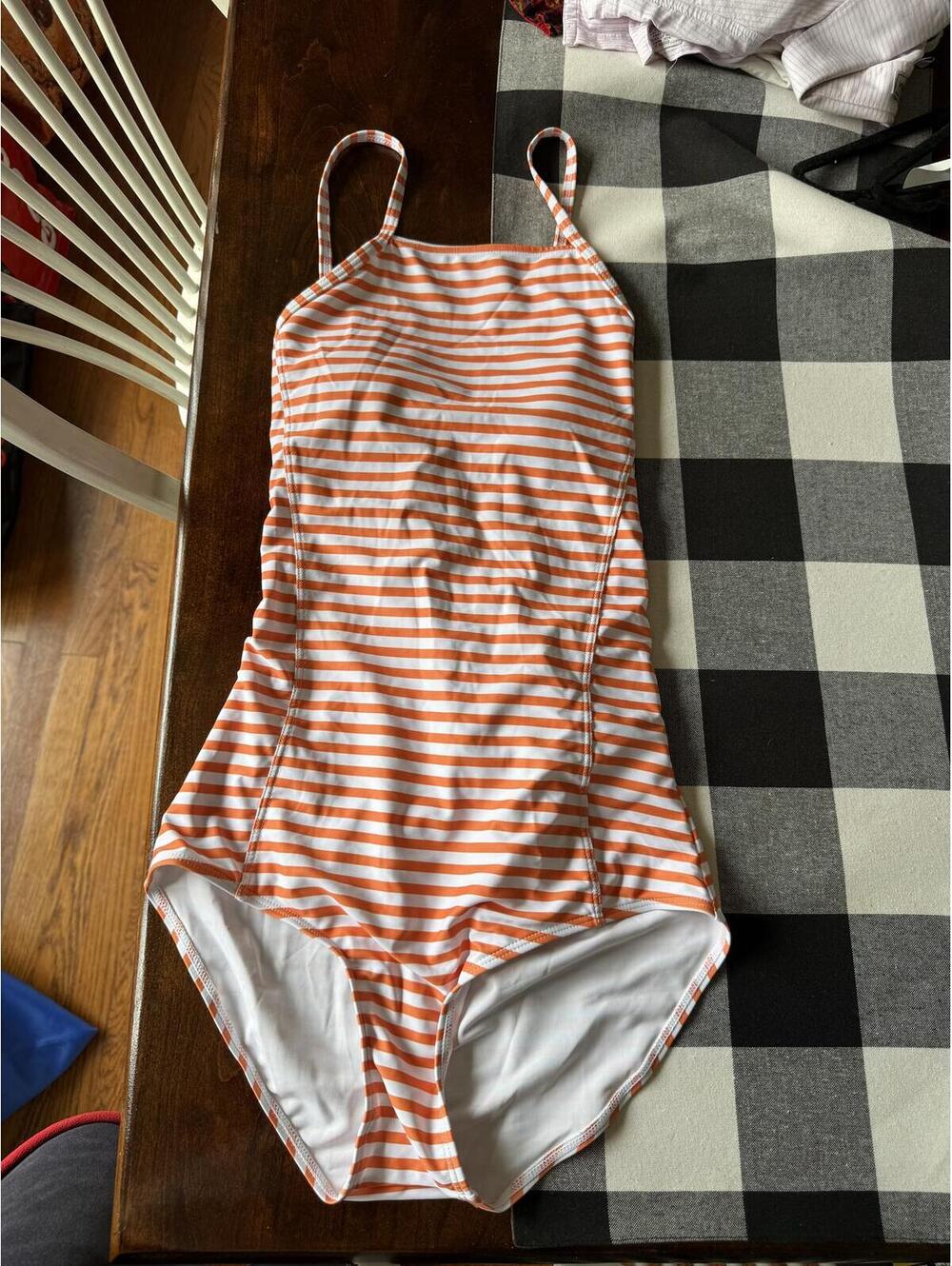 Women's Orange and White Striped Lace-Up One-Piece Swimsuit Size S